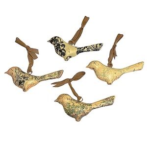 Set of 4 Metal Bird Tree Ornaments Yellow Background Stamped Design Brown Ribbon